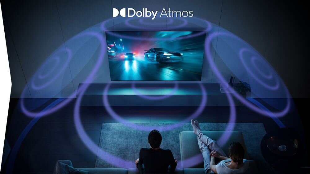 SHARP 55JM6745E Dolby Atmos dźwięk przestrzenny 3D kino domowe, telewizor zawieszony na ścianie w pomieszczeniu