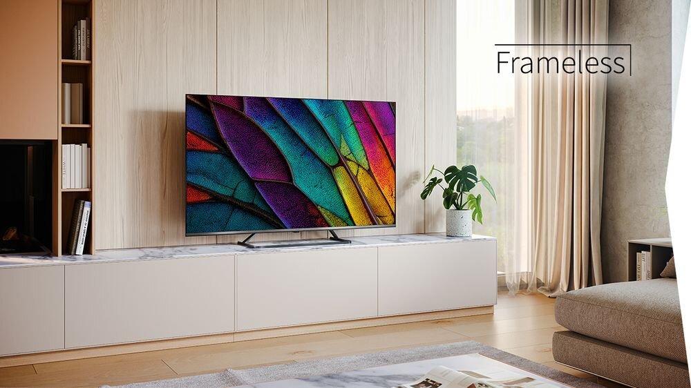 SHARP 55JM6745E bezramkowy design centralna podstawa elegancki telewizor, telewizor stojący na komodzie w pomieszczeniu