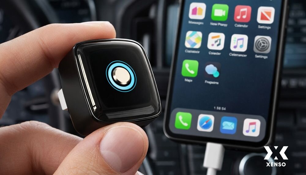 Adapter XENSO B5 bezprzewodowy CarPlay Android Auto wygodne korzystanie bez kabla Bluetooth WiFi, osba trzymająca adapter w ręku
