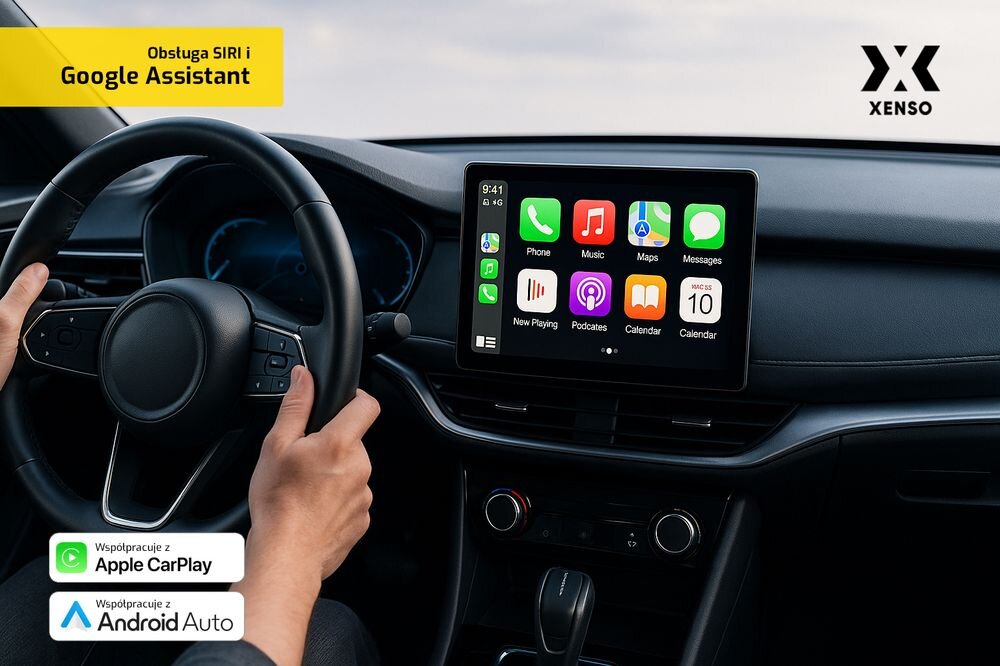 Adapter XENSO B5 CarPlay Android Auto nawigacja muzyka rozmowy sterowanie głosowe Siri Google Assistant, osoba prowadząca auto