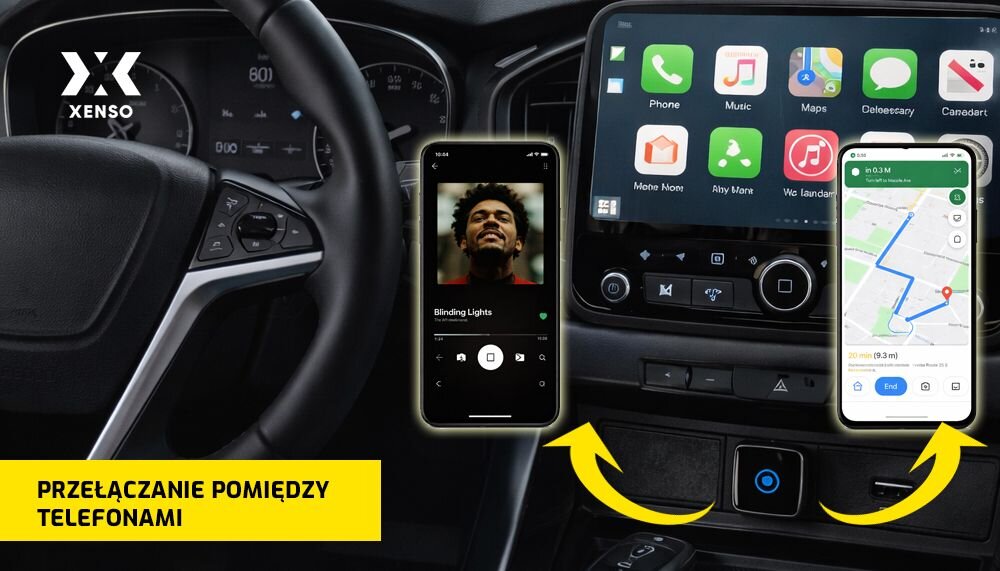 Adapter XENSO B5 przełączanie telefonów wiele urządzeń szybkie przełączanie użytkowników CarPlay Android Auto, adapter wpięty w gniazdo USB w aucie