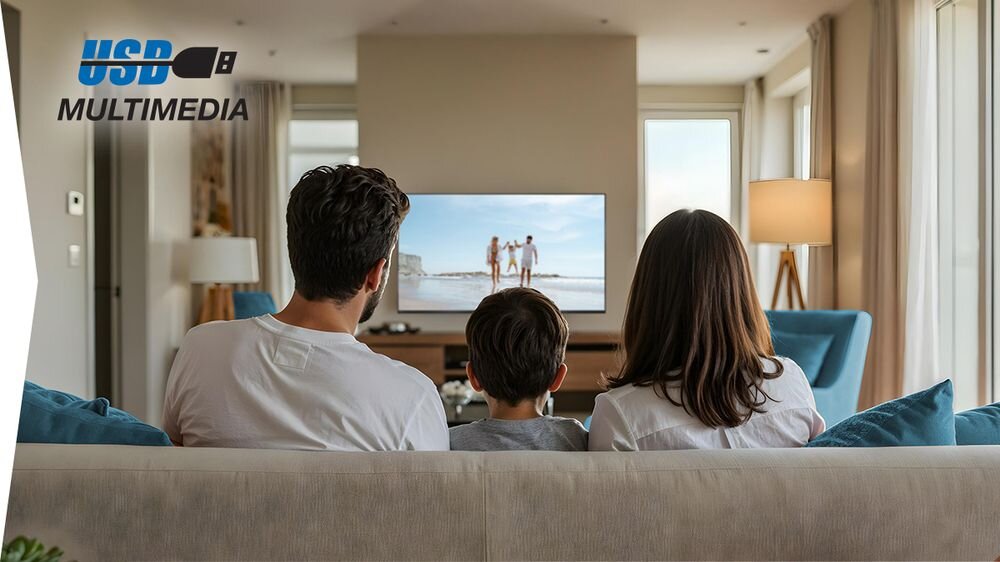 Telewizor SHARP 55HK4745E dwa porty USB odtwarzanie zdjęć muzyki mysz klawiatura, rodzina na kanapie oglądająca telewizje