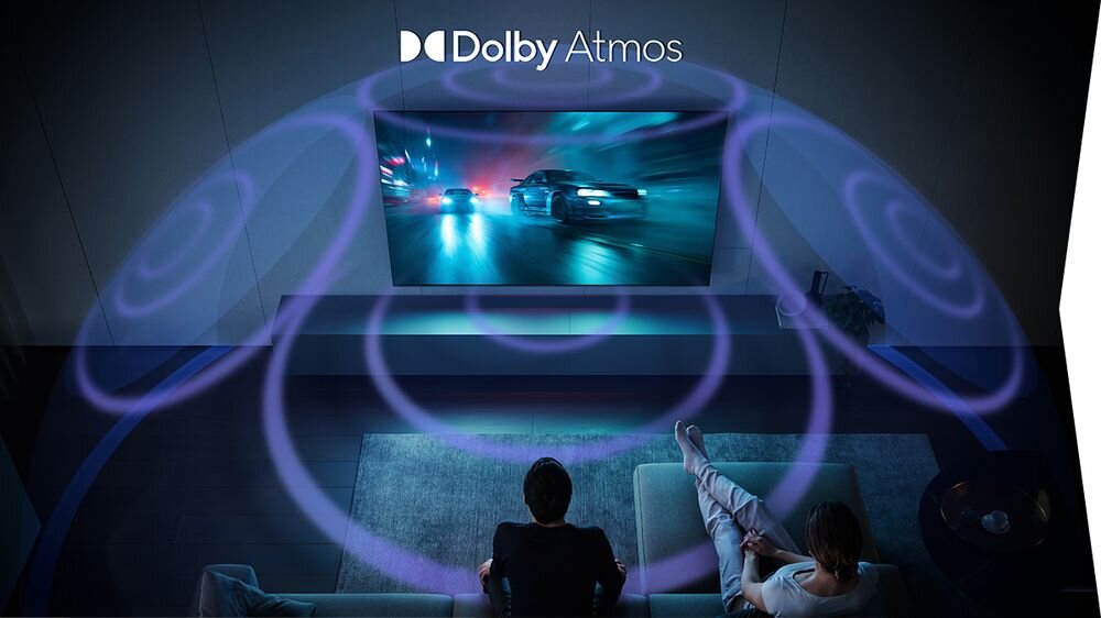 Telewizor SHARP 55HK4745E Dolby Atmos dźwięk przestrzenny 3D realistyczne brzmienie, telewizor na ścianie w pomieszczeniu