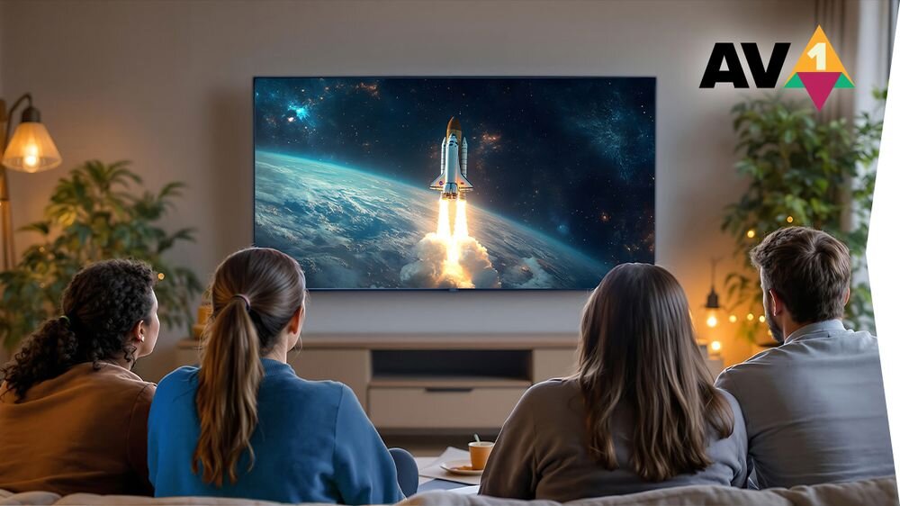 Telewizor SHARP 55HK4745E kodek AV1 streaming wysoka jakość obrazu płynne odtwarzanie, telewizor na ścianie w pomieszczeniu