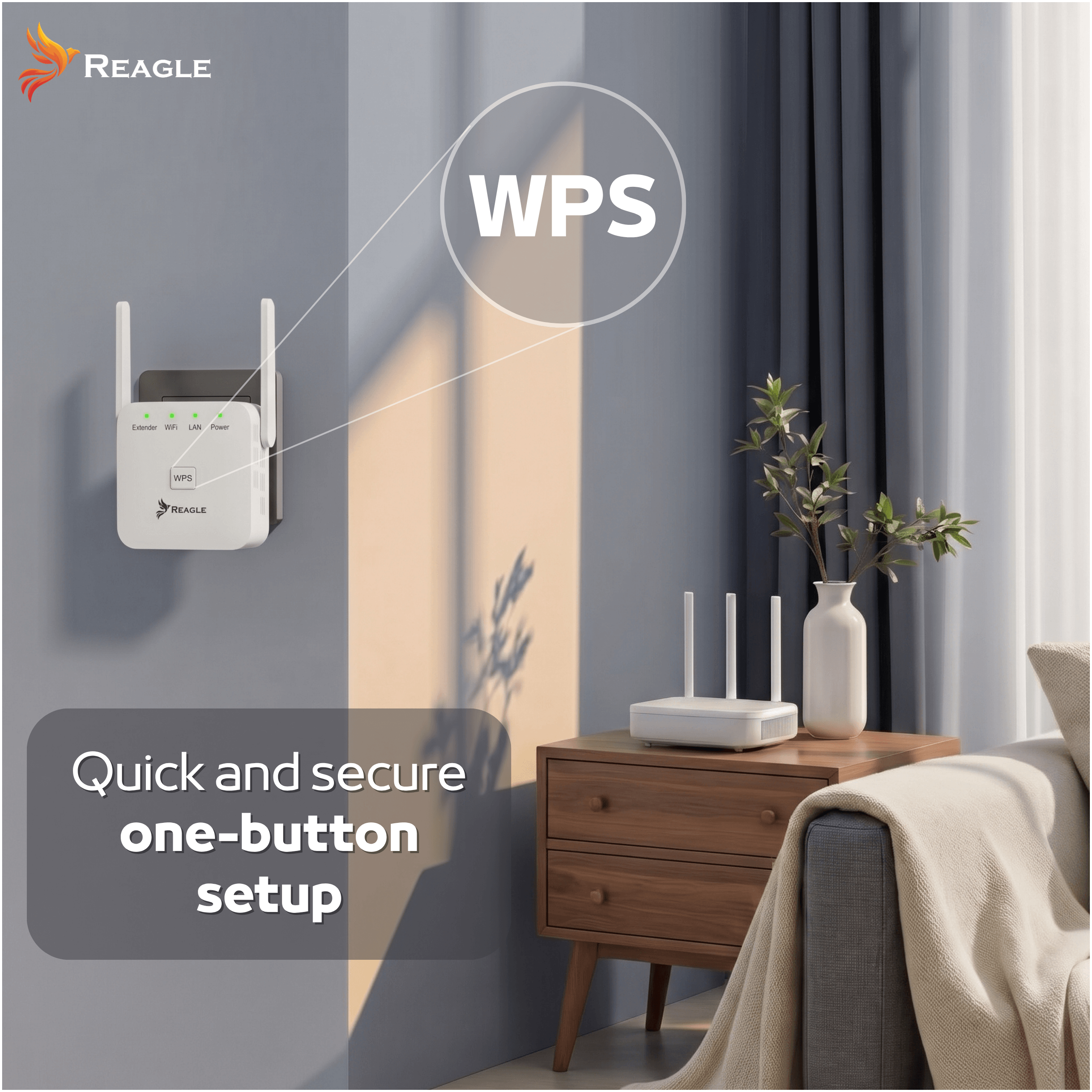 Na ścianie zamontowany jest wzmacniacz sygnału z logo Reagle, obok którego widnieje napis \'WPS\'. Na dole znajduje się tekst \'Quick and secure one-button setup\'.