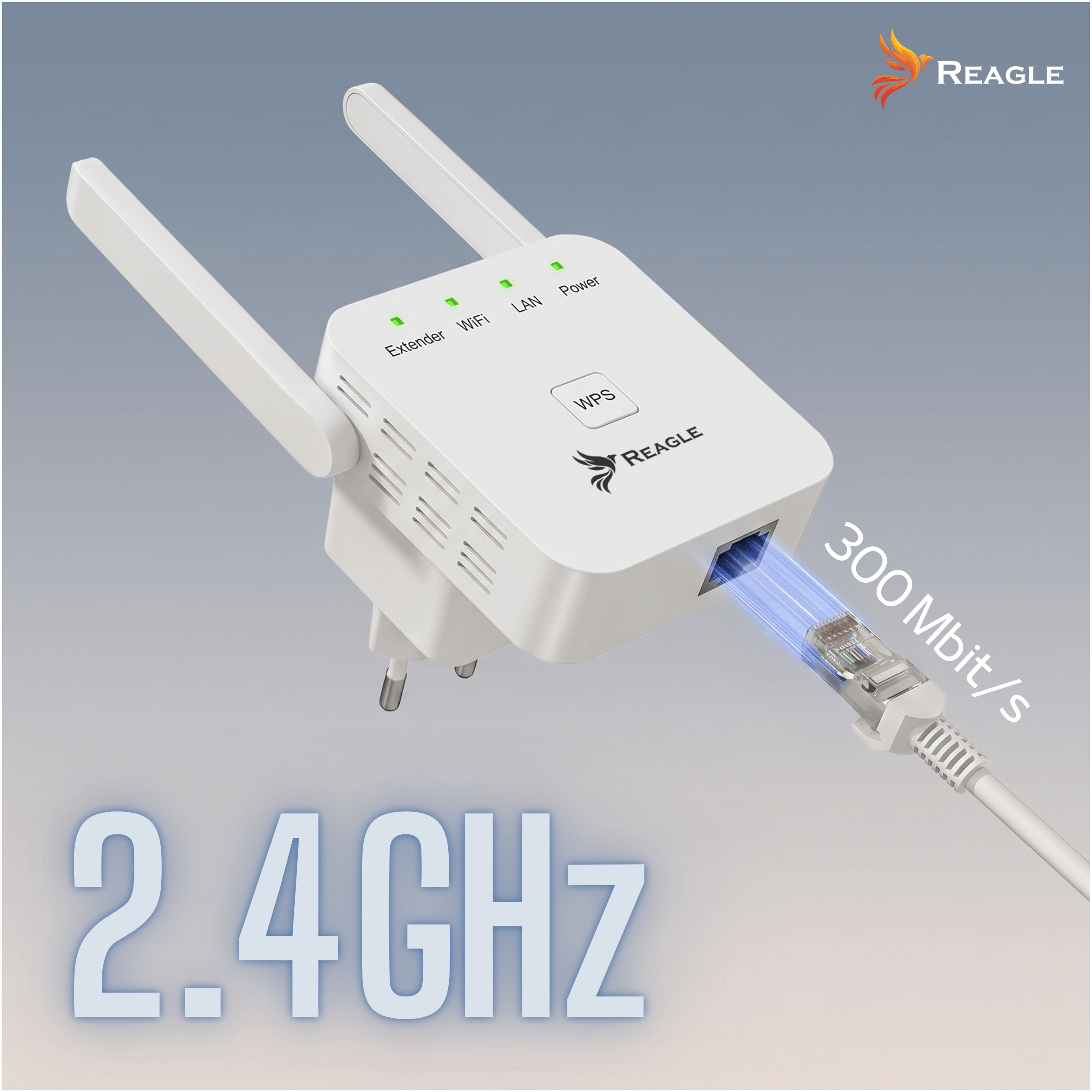 Na obrazie widoczny jest biały wzmacniacz sygnału z dwoma antenami i logo Reagle. Obok urządzenia znajduje się napis \'2.4GHz\' oraz \'300 Mbit/s\'.