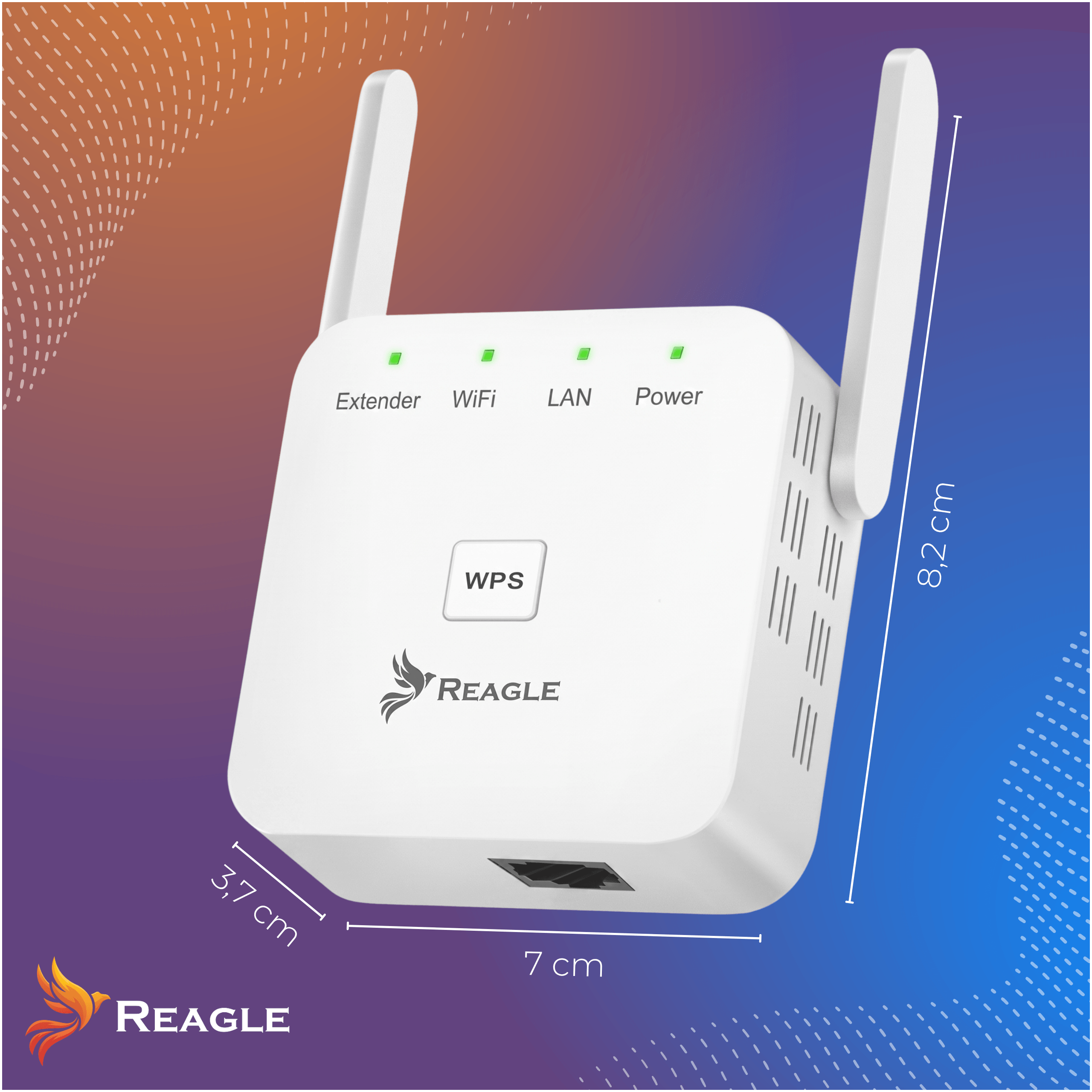 Na obrazie widoczny jest biały wzmacniacz sygnału z dwoma antenami, oznaczony logo \'REAGLE\'. Na urządzeniu znajdują się diody z napisami: Extender, WiFi, LAN, Power oraz przycisk WPS.