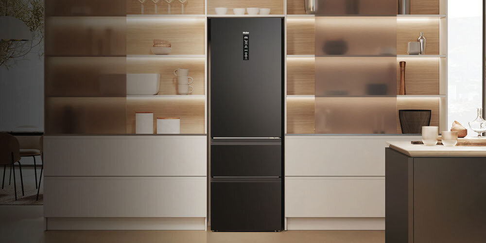 LODÓWKA HAIER HTW5618ENPT 3D trzydrzwiowa lodówka funkcje technologie elegancki design wygląd styl kolor czarny ekonomiczna oszczędzać energii