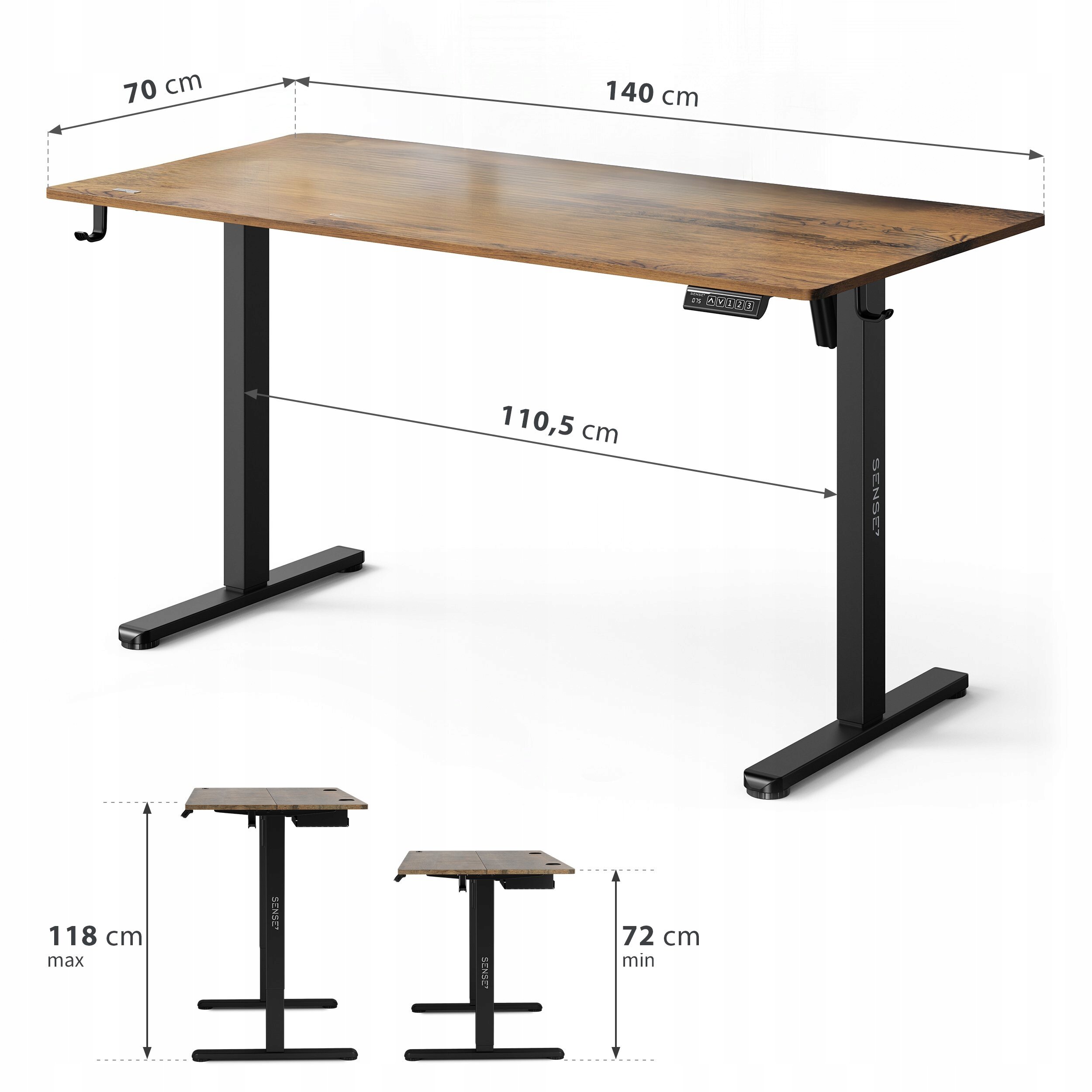 Obraz przedstawia biurko z ciemnobrązowym blatem i czarnymi nogami, z możliwością regulacji wysokości od 72 cm do 118 cm. Na biurku widoczne są wymiary: 140 cm długości, 70 cm szerokości i 110,5 cm rozstawu nóg.
