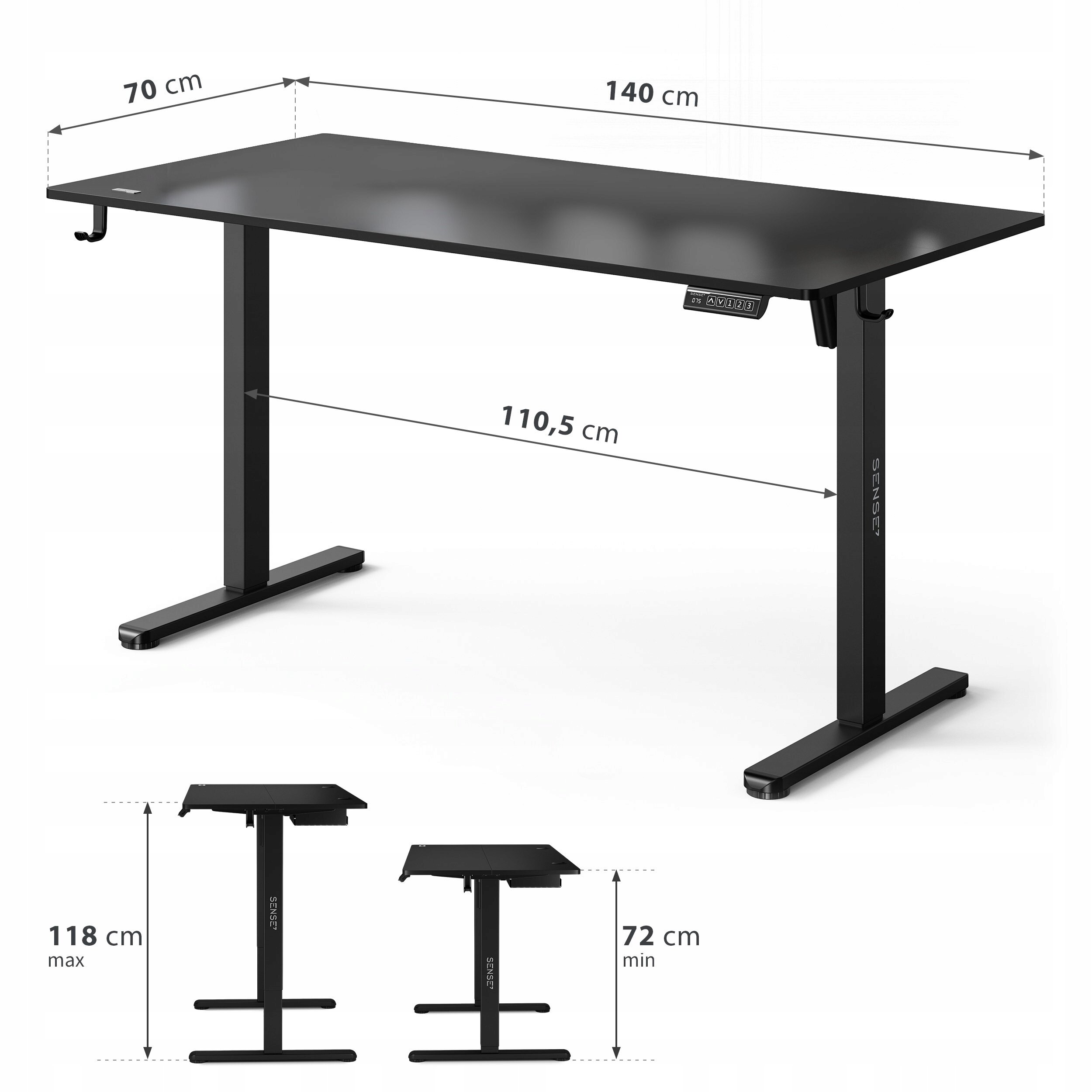 Czarne biurko komputerowe z regulacją wysokości, o wymiarach 140x70 cm, z możliwością regulacji wysokości od 72 cm do 118 cm. Na biurku widoczne są oznaczenia wymiarów oraz logo \'SENSE7\'.