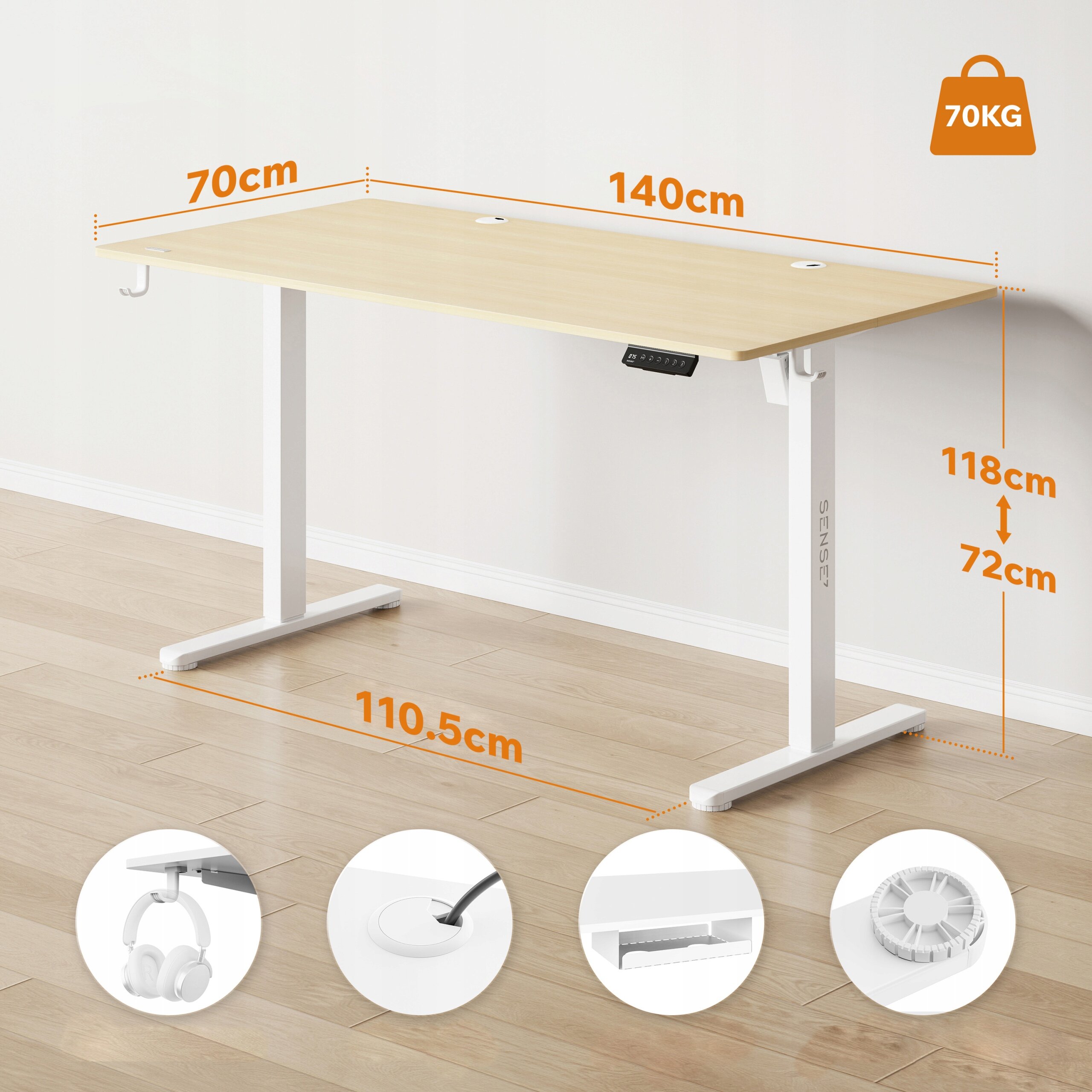 Biurko regulowane elektrycznie w kolorze jasnobrązowym z białymi nogami, o wymiarach 140x70 cm i regulowanej wysokości od 72 do 118 cm. Na obrazie widoczne są dodatkowe elementy, takie jak uchwyt na słuchawki, otwór na kable i panel sterowania, a maksymalne obciążenie to 70 kg.