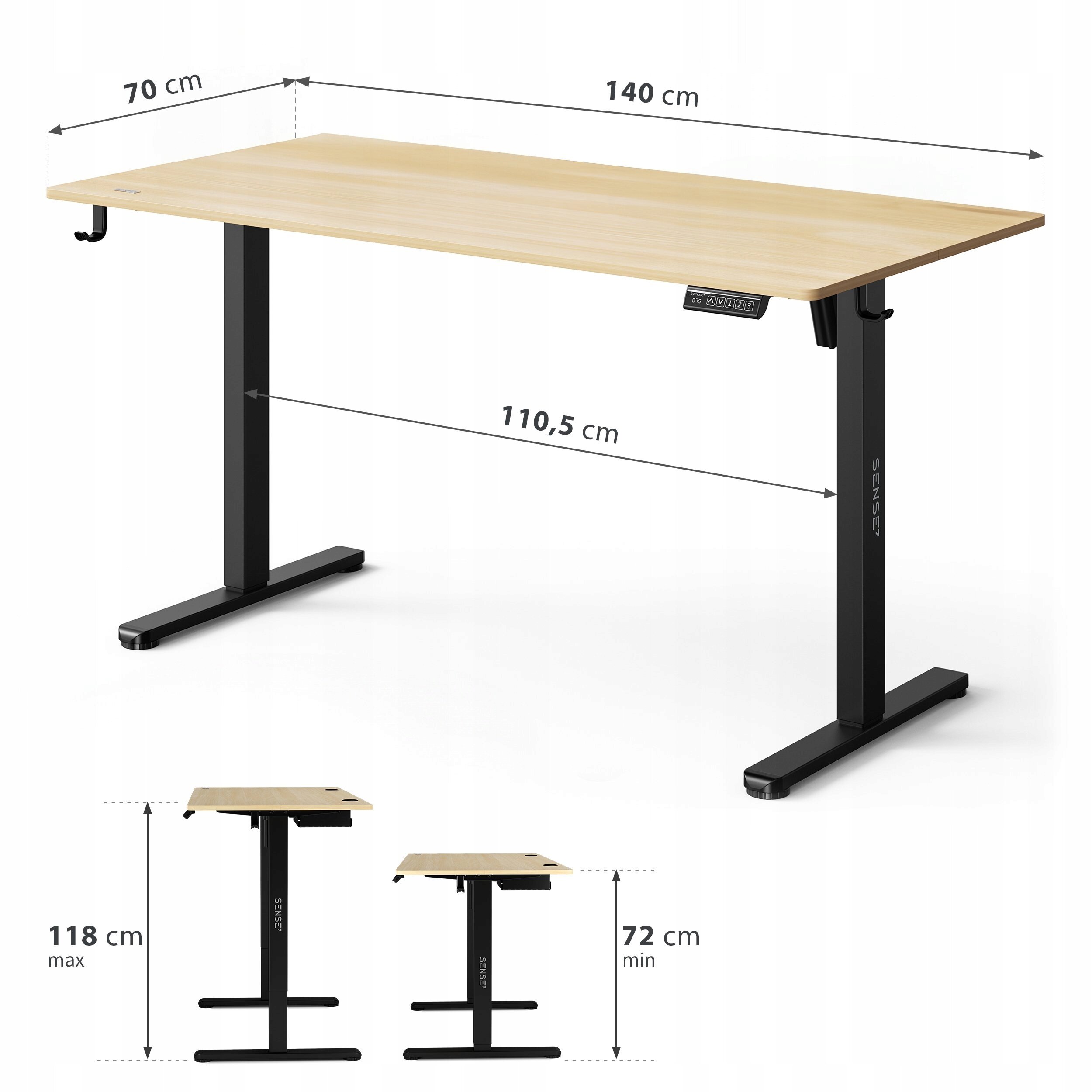 Biurko komputerowe z jasnobrązowym blatem i czarnymi nogami, z elektryczną regulacją wysokości od 72 cm do 118 cm. Wymiary blatu to 140 cm na 70 cm, a szerokość podstawy to 110,5 cm.