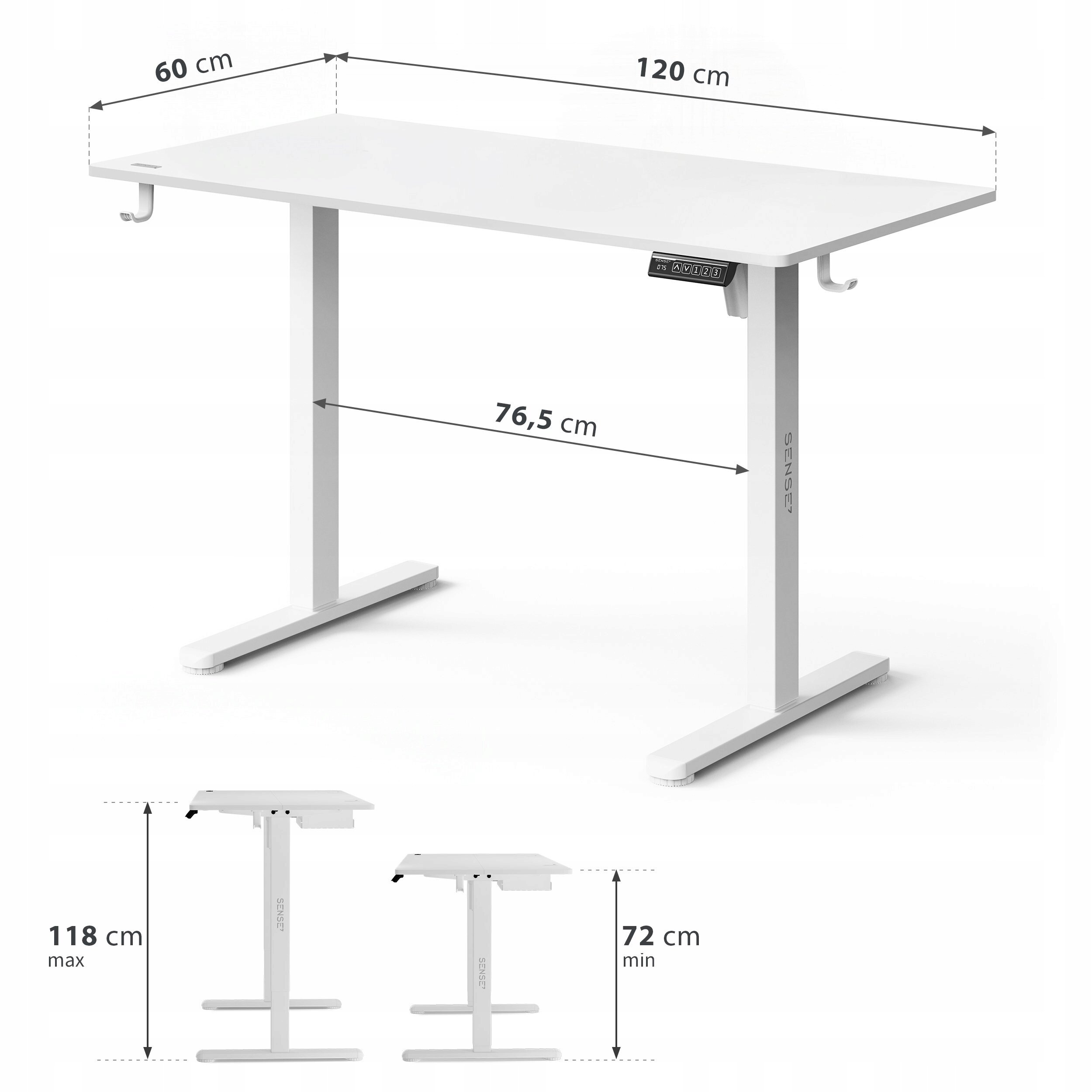 Białe biurko komputerowe z elektryczną regulacją wysokości, o wymiarach 120x60 cm i wysokości regulowanej od 72 do 118 cm. Na biurku widoczne są oznaczenia wymiarów oraz logo \'SENSE7\'.