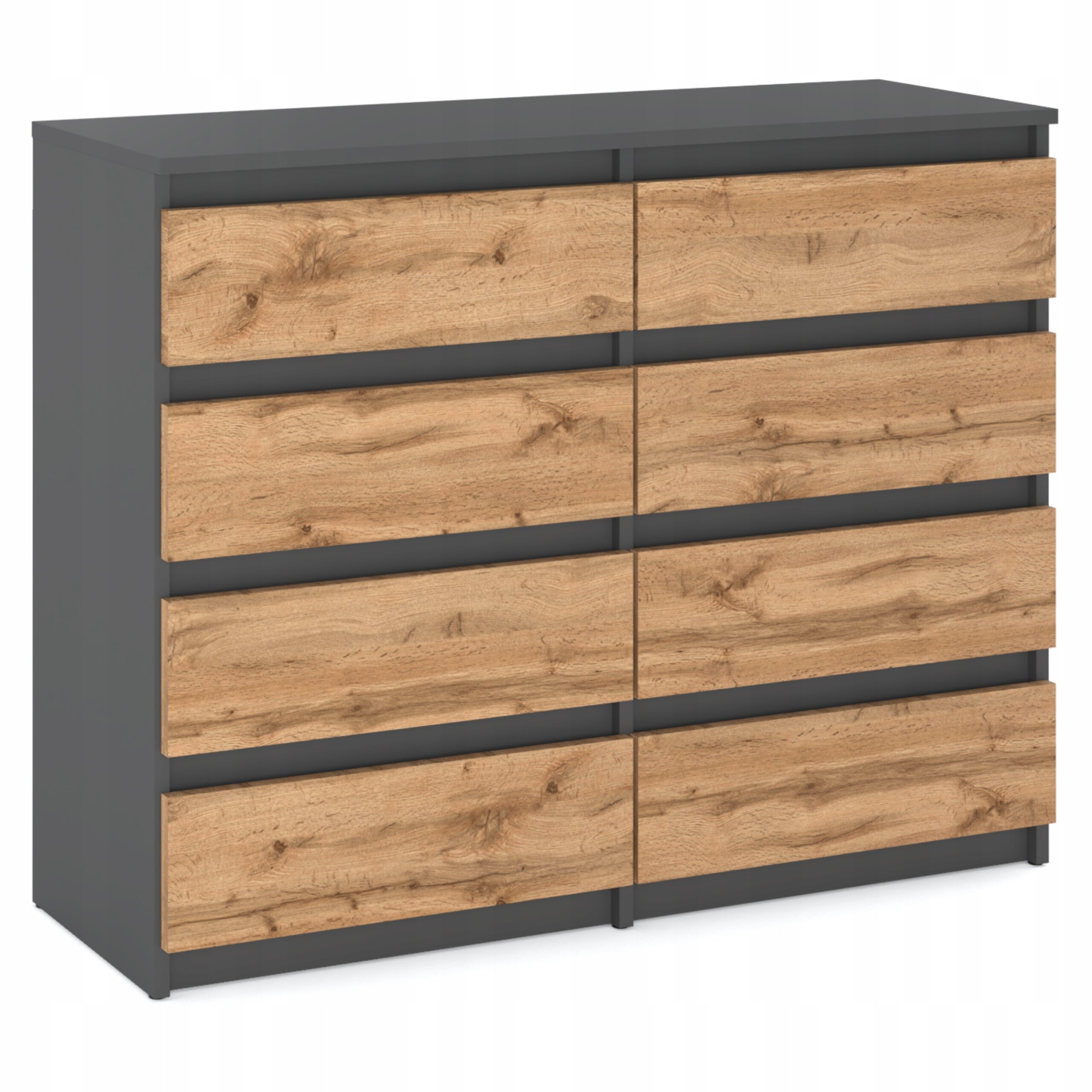 Komoda z ośmioma szufladami, w kolorze szarym matowym z frontami w odcieniu dąb wotan. Mebel ma prostokątny kształt i nowoczesny design.