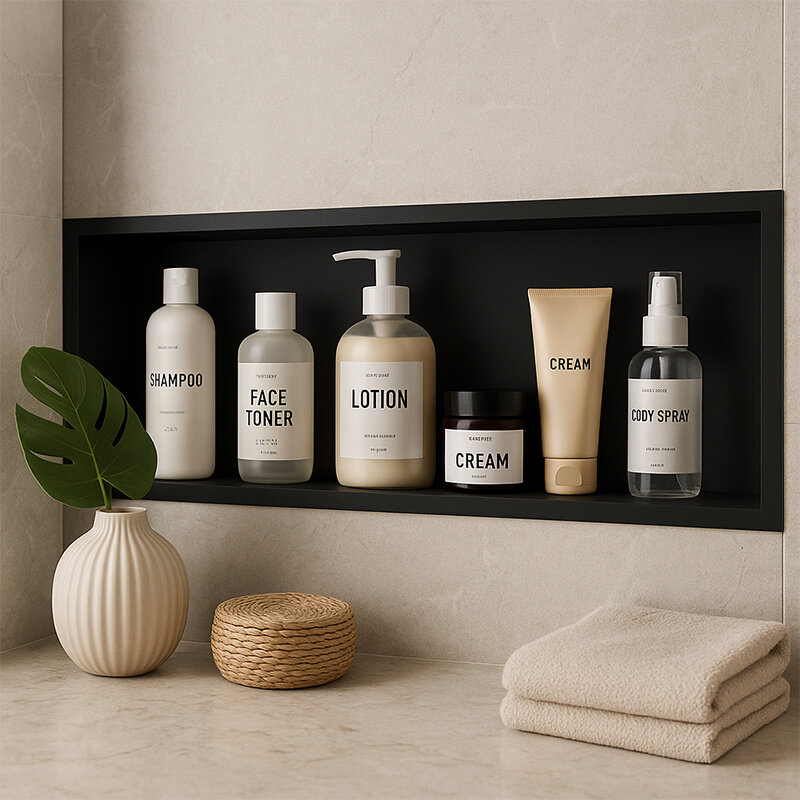 Na obrazie widoczna jest czarna matowa półka łazienkowa wnękowa z różnymi kosmetykami: SHAMPOO, FACE TONER, LOTION, CREAM, CODY SPRAY. Obok półki stoi biała wazon z zielonym liściem oraz leżą złożone ręczniki.