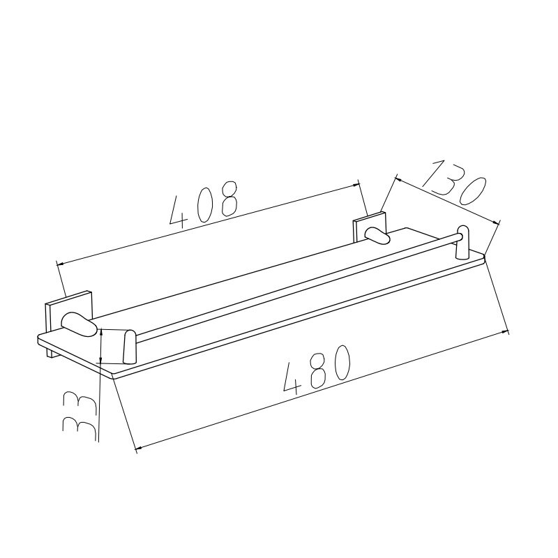 Schematyczny rysunek półki łazienkowej z wymiarami: 480 mm długości, 130 mm szerokości i 33 mm wysokości. Widoczne są elementy montażowe oraz oznaczenia wymiarów 408 mm i 480 mm.