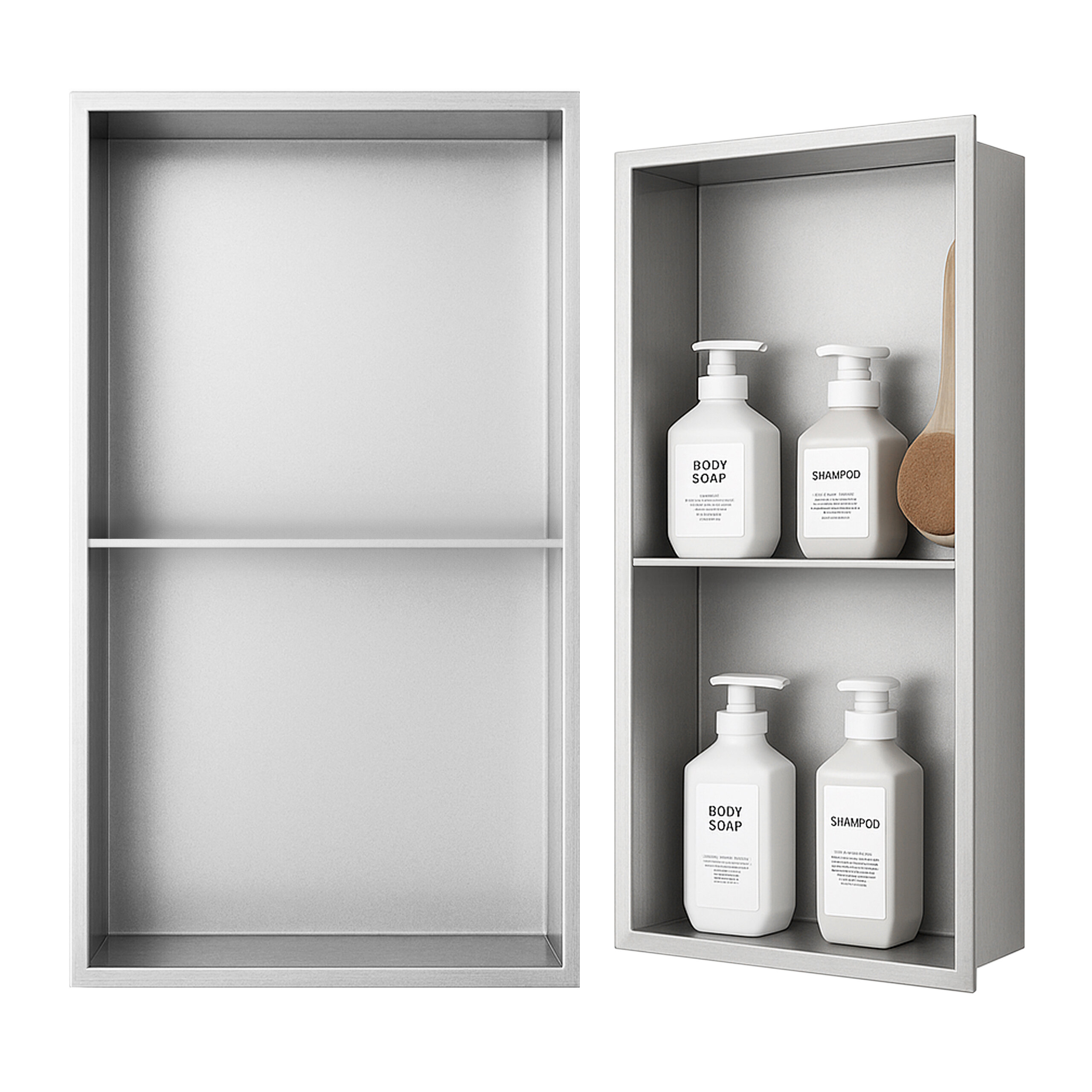 Dwie wnękowe półki łazienkowe w kolorze chrom szczotkowanym, jedna pusta, druga z trzema butelkami z etykietami \'BODY SOAP\' i \'SHAMPOO\' oraz szczotką.