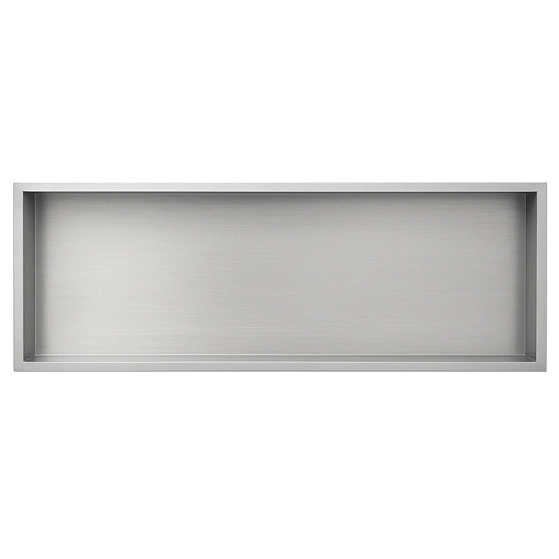 Prostokątna półka wnękowa wykonana z chromowanego szczotkowanego metalu. Ma gładką powierzchnię i minimalistyczny design.