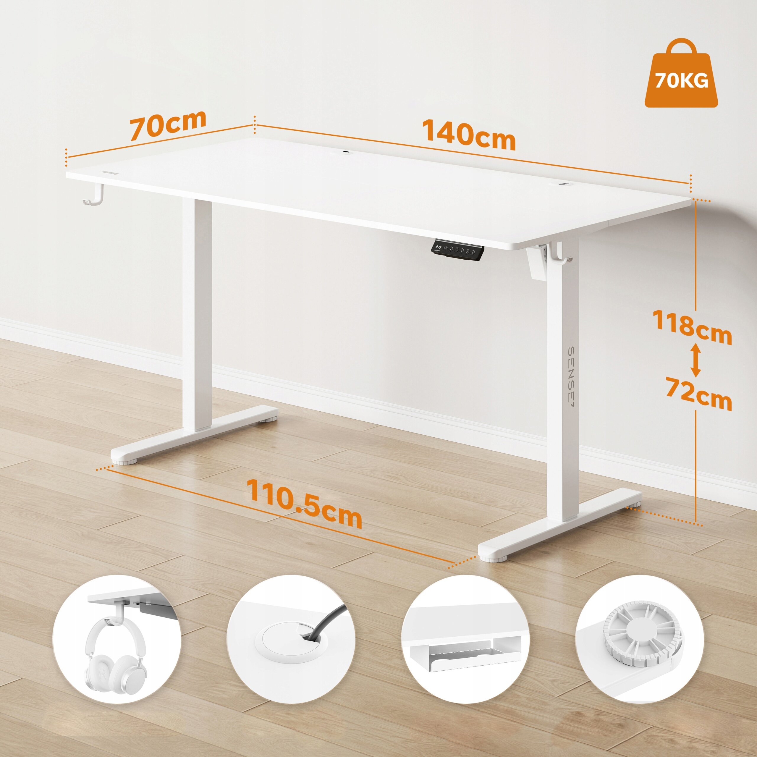 Białe biurko z regulacją wysokości od 72 cm do 118 cm, o wymiarach blatu 120 cm na 60 cm i maksymalnym obciążeniu 70 kg. Widoczne są dodatkowe elementy: uchwyt na słuchawki, otwór na kable, szuflada oraz mechanizm regulacji wysokości.