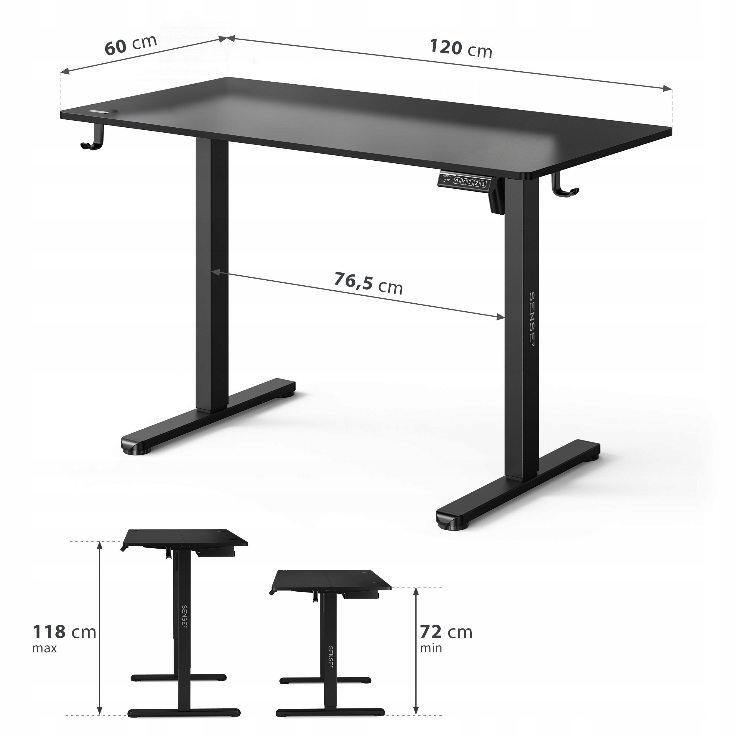 Czarne biurko z regulacją wysokości, o wymiarach blatu 120x60 cm i wysokości regulowanej od 72 do 118 cm. Na biurku widoczne są oznaczenia wymiarów oraz logo \'SENSE7\'.
