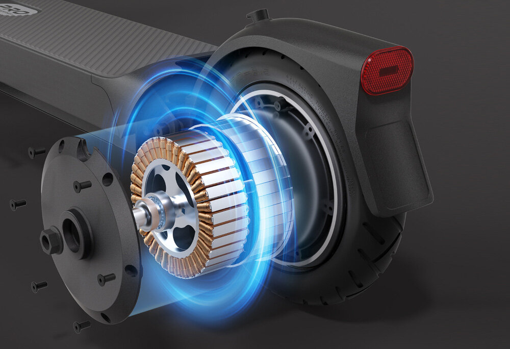 Hulajnoga elektryczna XIAOMI Scooter 5 60 km 350 W 10 cali Czarny widok na rozłożony silnik umieszczony w tylnym kole silnik o mocy 350 W cicha praca płynna kontrola prędkości wzniesienia o nachyleniu do 18%