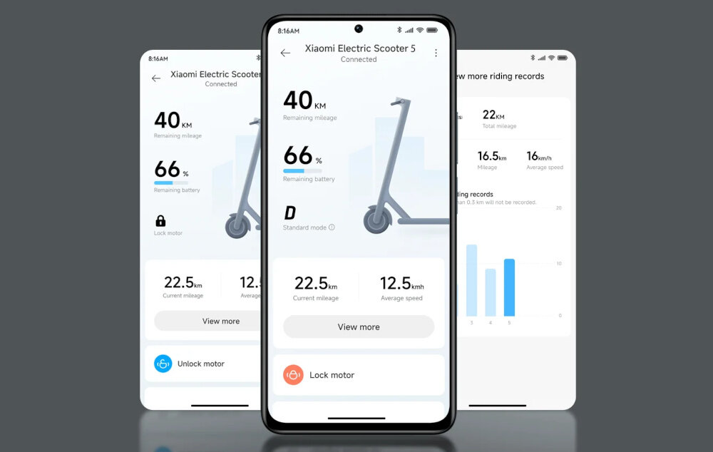 Hulajnoga elektryczna XIAOMI Scooter 5 60 km 350 W 10 cali Czarny zrzut ekranu telefonu w telefonie wgrana aplikacja aplikacja Mi Home / Xiaomi Home Bluetooth zaawansowana integracja pełny dostęp do kluczowych informacji wygodne sterowanie monitorowanie w czasie rzeczywistym na systemy Android i iOS
