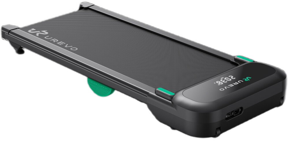 Na obrazie widoczna jest bieżnia elektryczna z logo \'UREVO\' na powierzchni. Wyświetlacz pokazuje \'2:03:8\'.