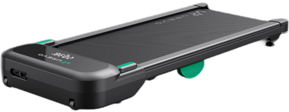 Na obrazie widoczna jest bieżnia elektryczna z czarną powierzchnią do biegania i zielonymi akcentami. Na obudowie znajduje się logo \'UREVO\'.