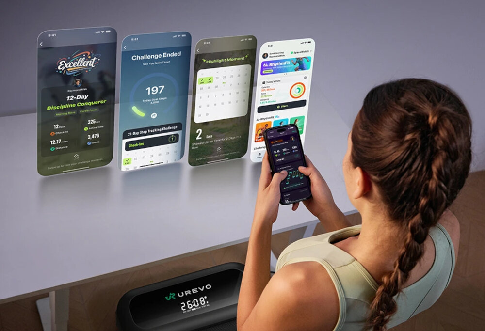 Osoba trzyma smartfon, na którym wyświetlane są aplikacje związane z aktywnością fizyczną. Na bieżni widoczne jest logo \'UREVO\' oraz wyświetlacz z danymi treningowymi.