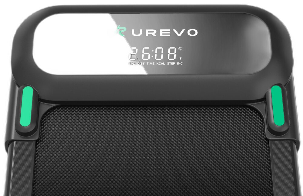 Na obrazie widoczna jest część bieżni elektrycznej z wyświetlaczem pokazującym czas 26:08 oraz napisy SPD, DIST, TIME, KCAL, STEP, INC. Logo \'UREVO\' znajduje się nad wyświetlaczem.