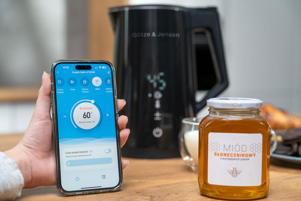 CZAJNIK GÖTZE&JENSEN KT975K (DOUBLE WALL) (WI-FI) (1,7L) aplikacja z aktywnym ekranem włączone podgrzewanie wody kontrola temperatury ustawienia temperatury