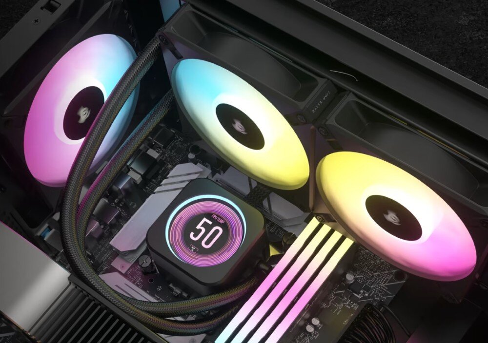 Chłodzenie wodne CORSAIR iCUE H170i Elite LCD wentylatory obroty chłodnica pasty termoprzewodząca