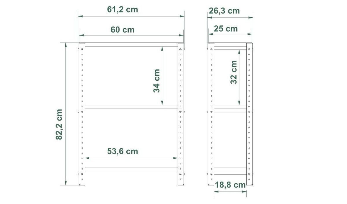 Schemat regału z wymiarami: szerokość 61,2 cm, głębokość 25 cm, wysokość 82,2 cm. Wymiary półek to 60 cm i 53,6 cm, a wysokość między nimi wynosi 34 cm i 32 cm.