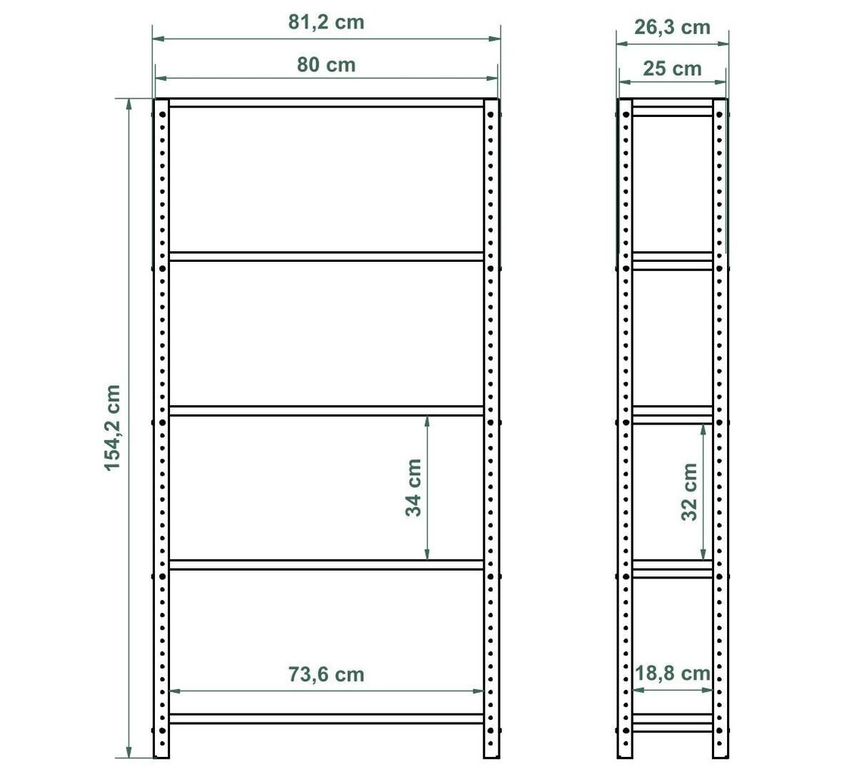 Schemat regału z wymiarami: wysokość 154,2 cm, szerokość 81,2 cm, głębokość 26,3 cm. Wymiary półek to 73,6 cm na 34 cm oraz 18,8 cm na 32 cm.