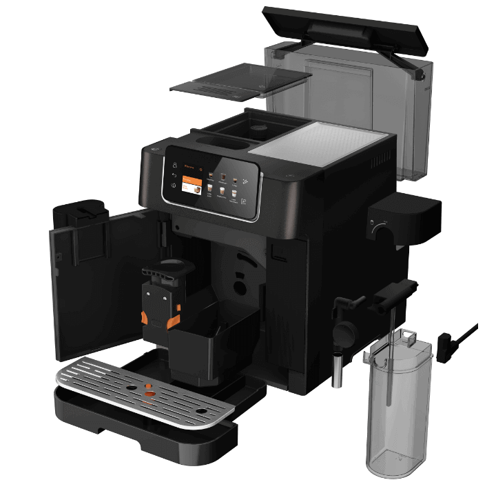 Czarny ekspres do kawy z otwartymi panelami i widocznymi elementami wewnętrznymi, w tym pojemnikiem na wodę i tacką ociekową. Na panelu sterowania widoczny jest wyświetlacz z ikonami i przyciskami.