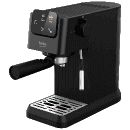 Czarny ekspres do kawy z widocznym logo \'beko\' na przednim panelu. Urządzenie posiada dyszę do spieniania mleka i metalową tackę ociekową.