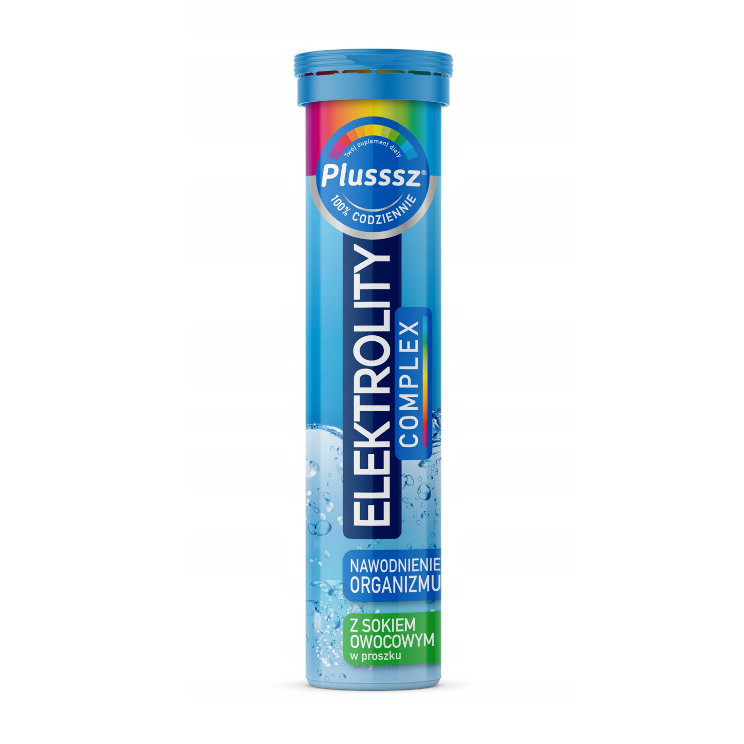Opakowanie tabletek musujących Plusssz Elektrolity Complex z napisem \'NAWODNIENIE ORGANIZMU\' oraz \'Z SOKIEM OWOCOWYM w proszku\'.