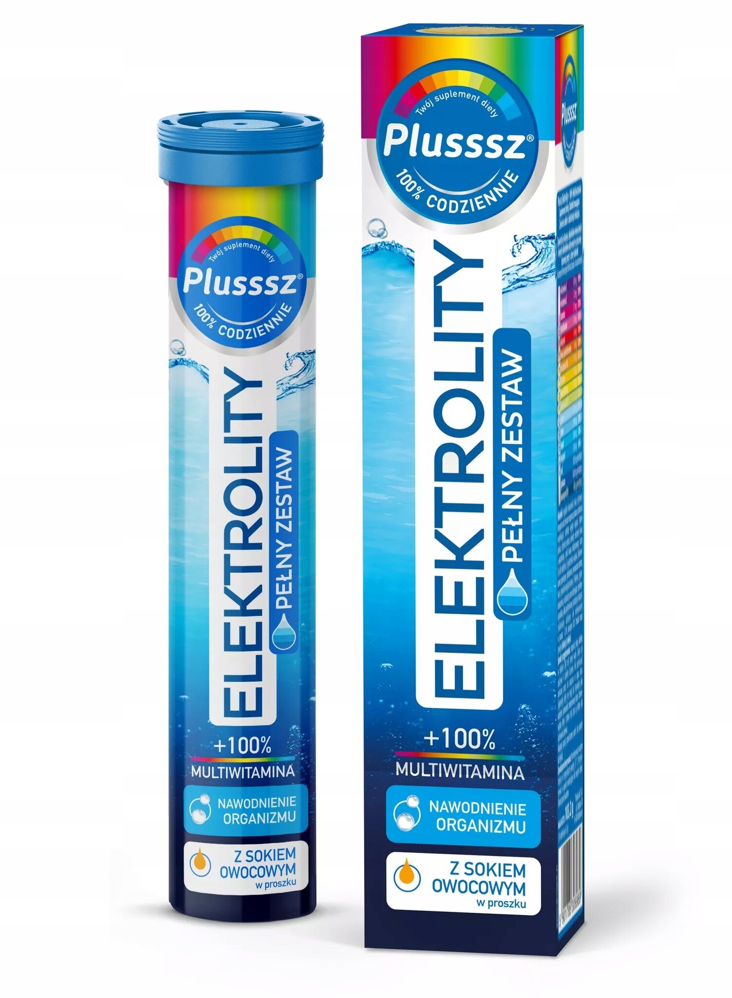 Na obrazie widoczne są dwa opakowania produktu Plusssz Elektrolity, jedno w formie tuby, drugie w formie pudełka. Na obu opakowaniach znajduje się napis \'ELEKTROLITY PEŁNY ZESTAW +100% MULTIWITAMINA NAWODNIENIE ORGANIZMU Z SOKIEM OWOCOWYM w proszku\'.