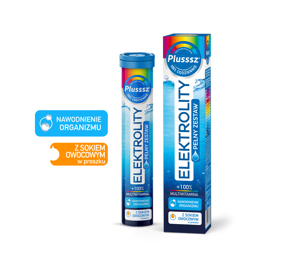 Na obrazie widoczne są dwa opakowania produktu Plusssz Elektrolity Pełny Zestaw z napisem \'+100% Multwitamina\'. Obok znajdują się ikony z napisami \'NAWODNIENIE ORGANIZMU\' i \'Z SOKIEM OWOCOWYM w proszku\'.