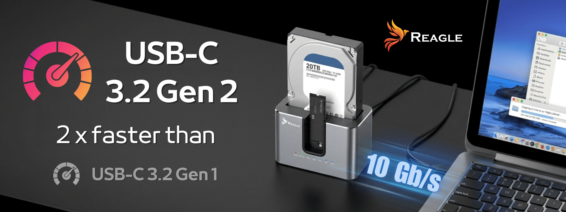 Obraz przedstawia stację dokującą z dyskiem twardym, podłączoną do laptopa. Widoczny tekst: \'USB-C 3.2 Gen 2 2 x faster than USB-C 3.2 Gen1\', \'10 Gb/s\', oraz logo \'REAGLE\'.