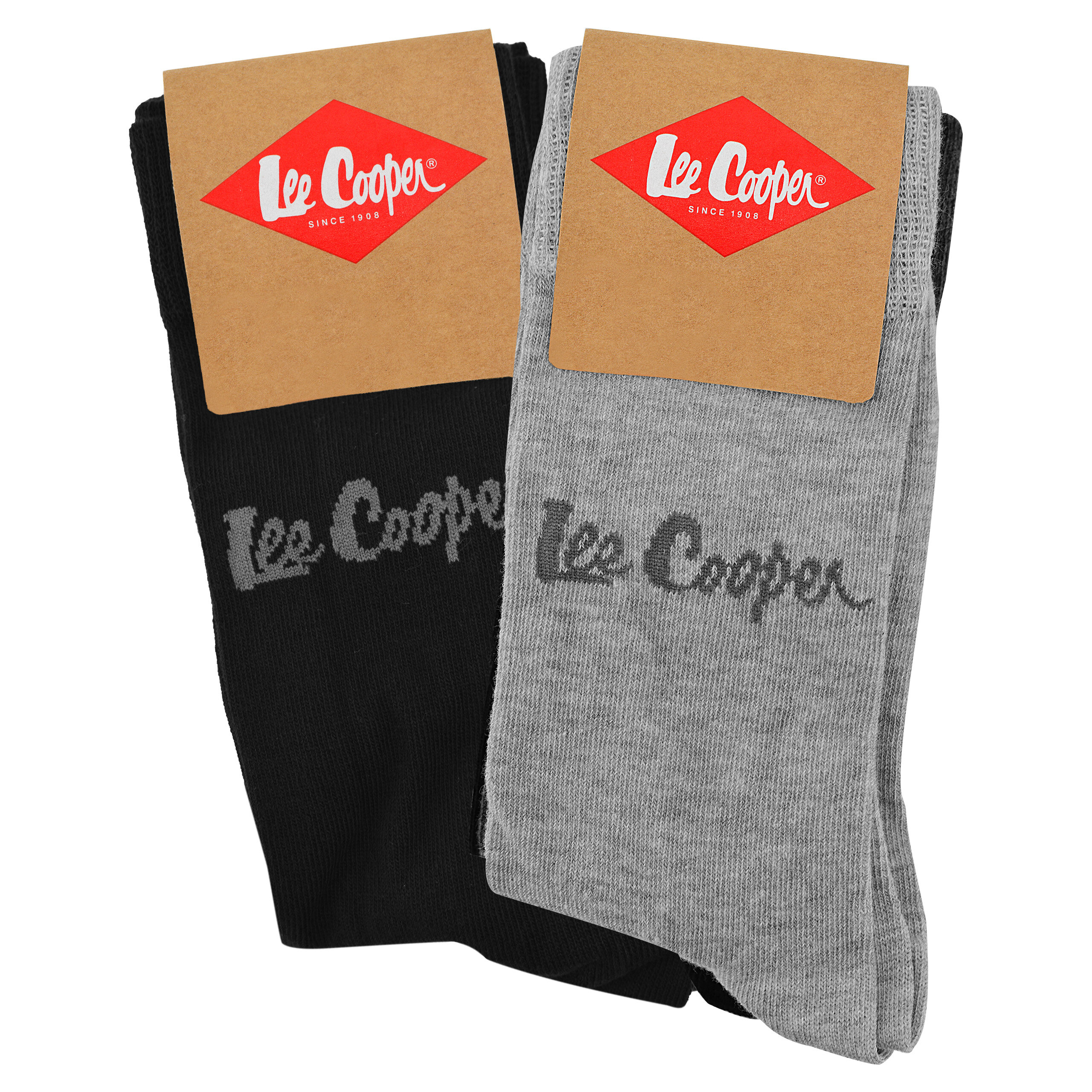 Dwie pary skarpet, jedna czarna i jedna szara, z widocznym logo \'Lee Cooper\' na każdej z nich. Skarpety mają kartonowe etykiety z czerwonym logo \'Lee Cooper\' na górze.
