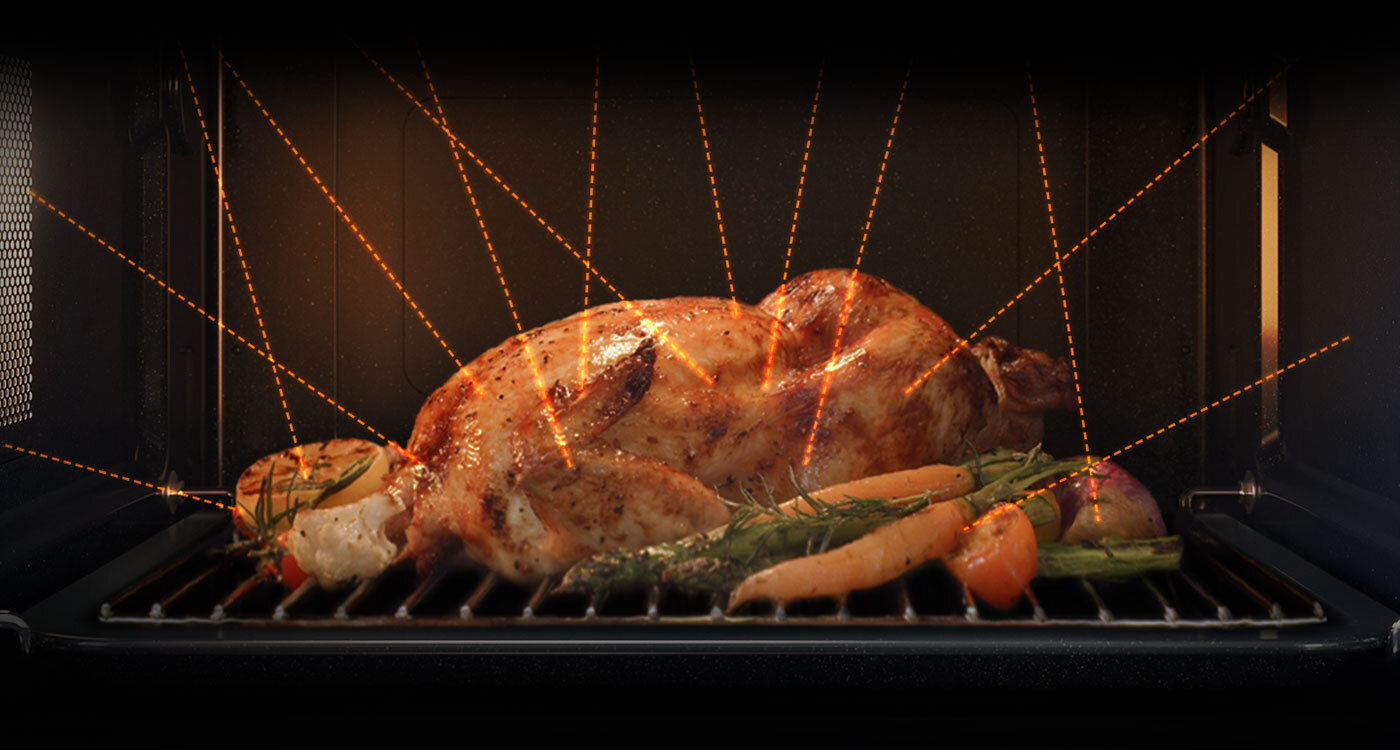 Wnętrze kuchenki mikrofalowej z pieczonym kurczakiem na ruszcie, otoczonym warzywami. Widoczne są linie symbolizujące rozchodzenie się ciepła.