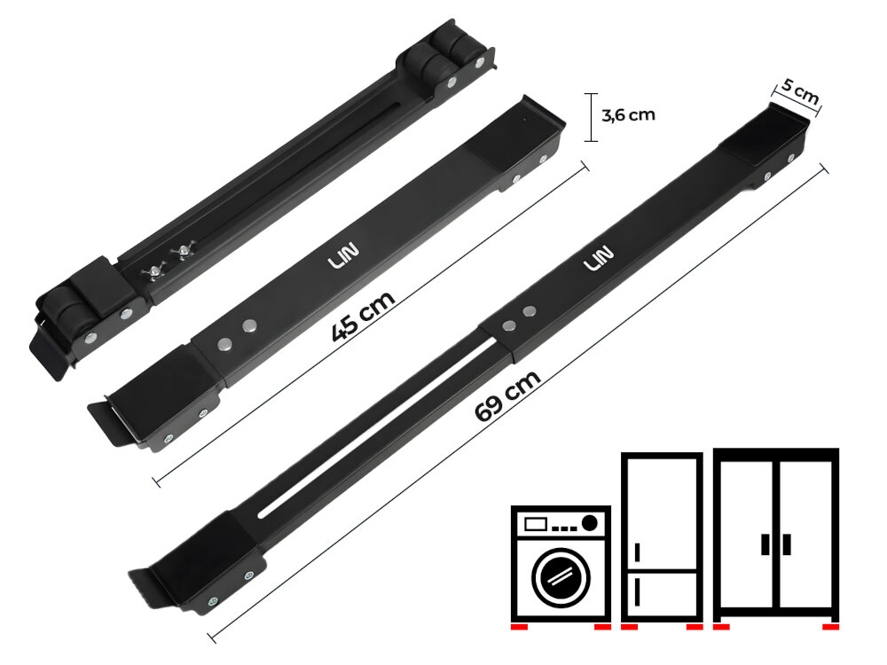 LISTWY TRANSPORTOWE LIN LI-22W, 2 SZTUKI Na zdjęciu przedstawiono trzy czarne, wysuwane prowadnice z logo LIN, wraz z opisanymi wymiarami: długością 45 cm lub 69 cm, wysokością 3,6 cm i szerokością 5 cm. Na dole umieszczono ikonki pralki oraz dwóch rodzajów szafek, co sugeruje zastosowanie elementów jako dolne prowadnice pod urządzeniami AGD i meblami podstawka na kółkach LIN LI-22W listwy transportowe regulowana długość 45–69 cm mobilność sprzętów transport ciężkich urządzeń bez podnoszenia nośność 500 kg pralka szafka kartony łatwe przestawianie codzienne porządki