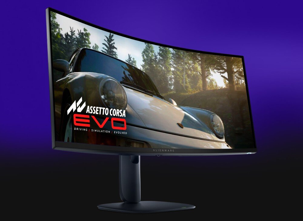 Monitor DELL Alienware AW3425DW Monitor widziany pod kątem wyświetlający grupę samochodów wyścigowych pokonujących zakręt na torze