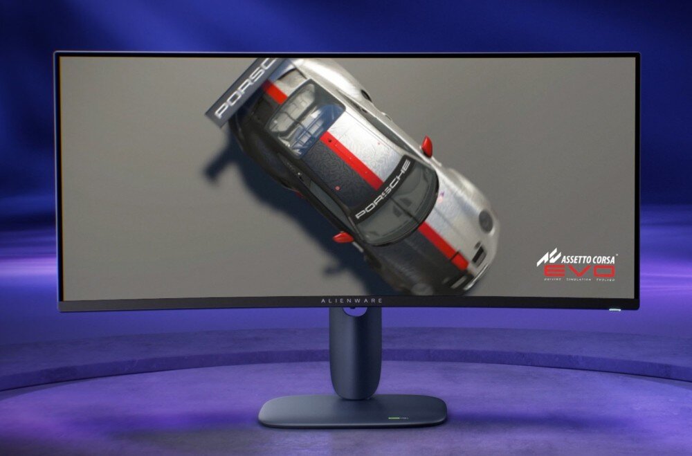 Monitor DELL Alienware AW3425DW Monitor wyświetlający widok z góry na srebrny samochód wyścigowy z czerwonym pasem na masce i dachu