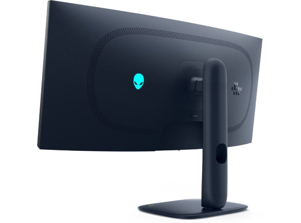 Monitor DELL Alienware AW3425DW Widok tylnej części monitora z centralną kolumną podstawy i podświetlanym logo w kształcie głowy