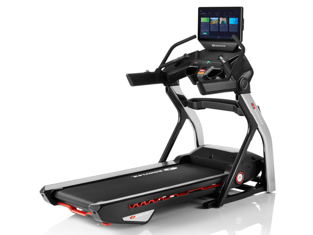 Bieżnia elektryczna BOWFLEX T56 2941W 20km-h bieżnia na białym tle widoczna od boku po skosie silnik o mocy 2941 W niezrównana stabilność prędkość do 20 km/h szybki bieg działa płynnie i cicho do codziennego intensywnego treningu