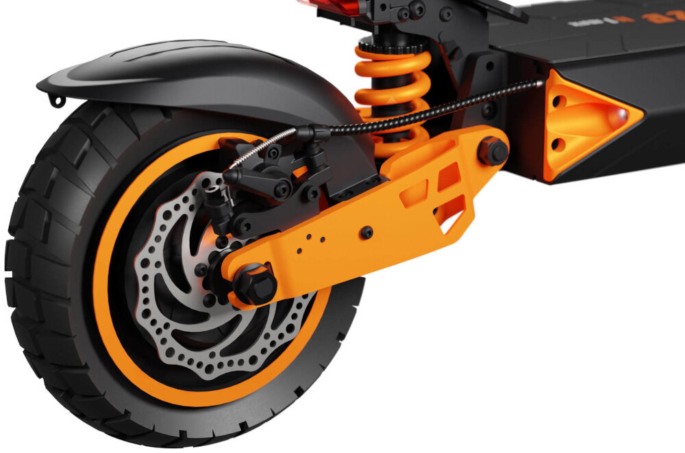 Hulajnoga elektryczna KAMIKAZE K1 Max Max 80km 2x1000W 10 cali Czarny zbliżenie na tylny hamulec przedni i tylny hamulec tarczowy mechaniczny wysoka skuteczność hamowania niezależnie od warunków jazdy duża siła działania pełna kontrola nad pojazdem prosta konstrukcja niemal bezawaryjne nie wymagają skomplikowanej konserwacji trwałość na różnych nawierzchniach