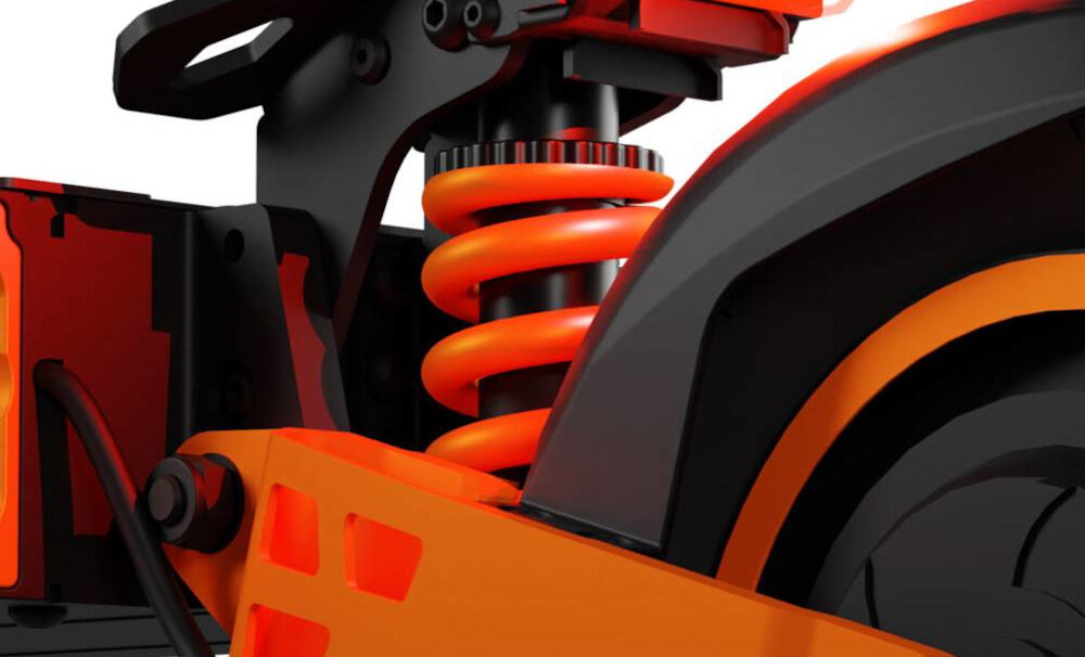 Hulajnoga elektryczna KAMIKAZE K1 Max Max 80km 2x1000W 10 cali Czarny zbliżenie na amortyzację sprężynowe zawieszenie wytrzymałość i skuteczność amortyzacja bardzo dobrze tłumi drgania i wstrząsy poprawia wygodę zwiększa stabilność i bezpieczeństwo