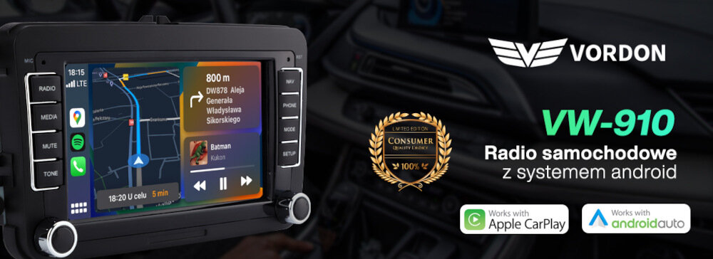Obraz przedstawia radio samochodowe z ekranem dotykowym, na którym wyświetlana jest mapa nawigacji oraz odtwarzacz muzyki. Obok znajduje się logo VORDON i tekst \'VW-910 Radio samochodowe z systemem android\'.